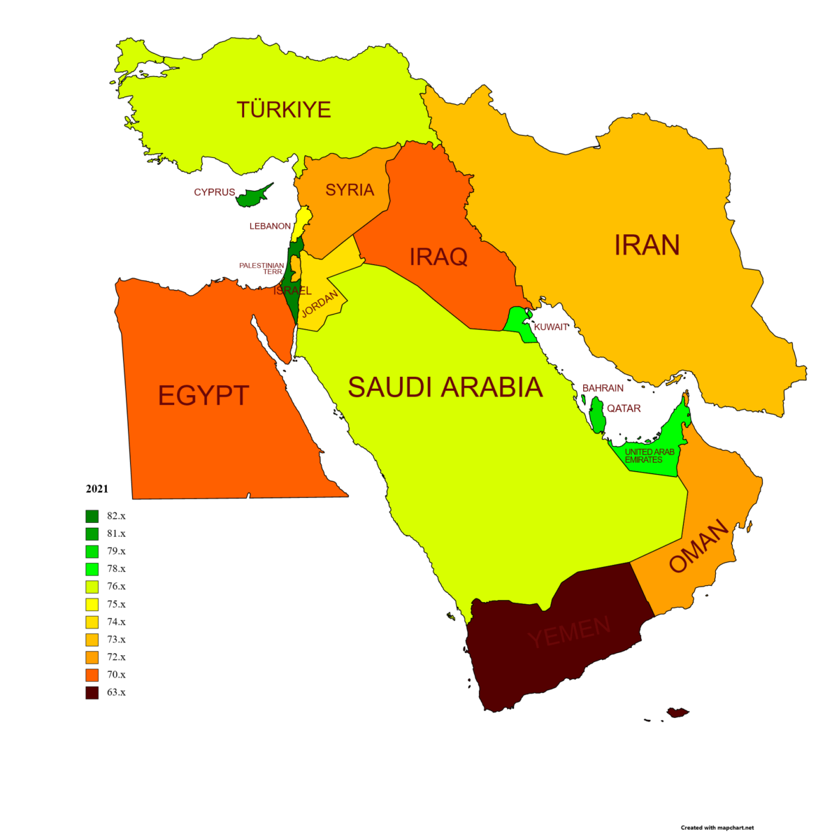 Capitales de Asia: Lista Completa de las 49 Capitales Asiáticas Life expectancy map -Middle East -2021 -with names