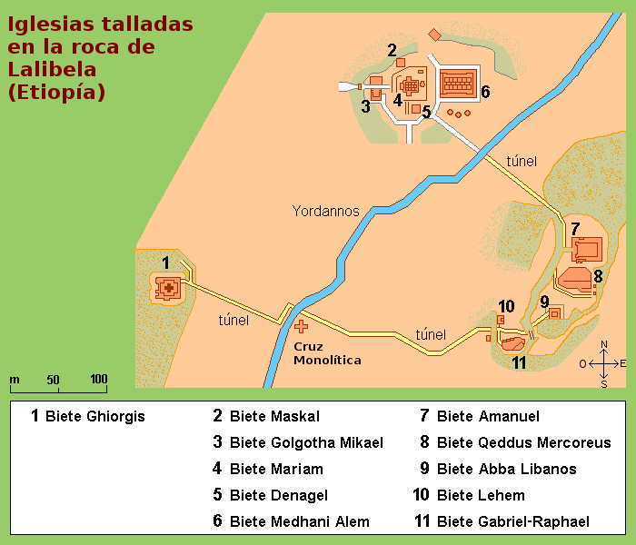 Etiopía: Mapa, Bandera y Datos del País Mapa de las iglesias excavadas en la roca de Lalibela (Etiopía), en español