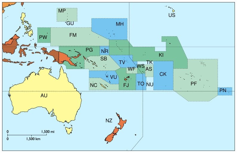 Países de Oceanía: Mapa, Capitales y Banderas del Continente Mapa político de Oceanía con Australia, Nueva Zelanda y las islas del Pacífico
