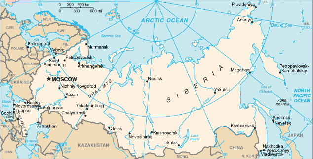 Mapa político de Rusia con sus principales ciudades y regiones